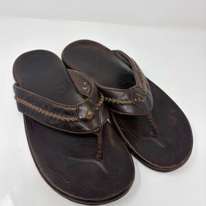 OluKai Mea Ola Mens Flip Flop Leather Beach Sandals Size 12 Dark Java 10138-4448